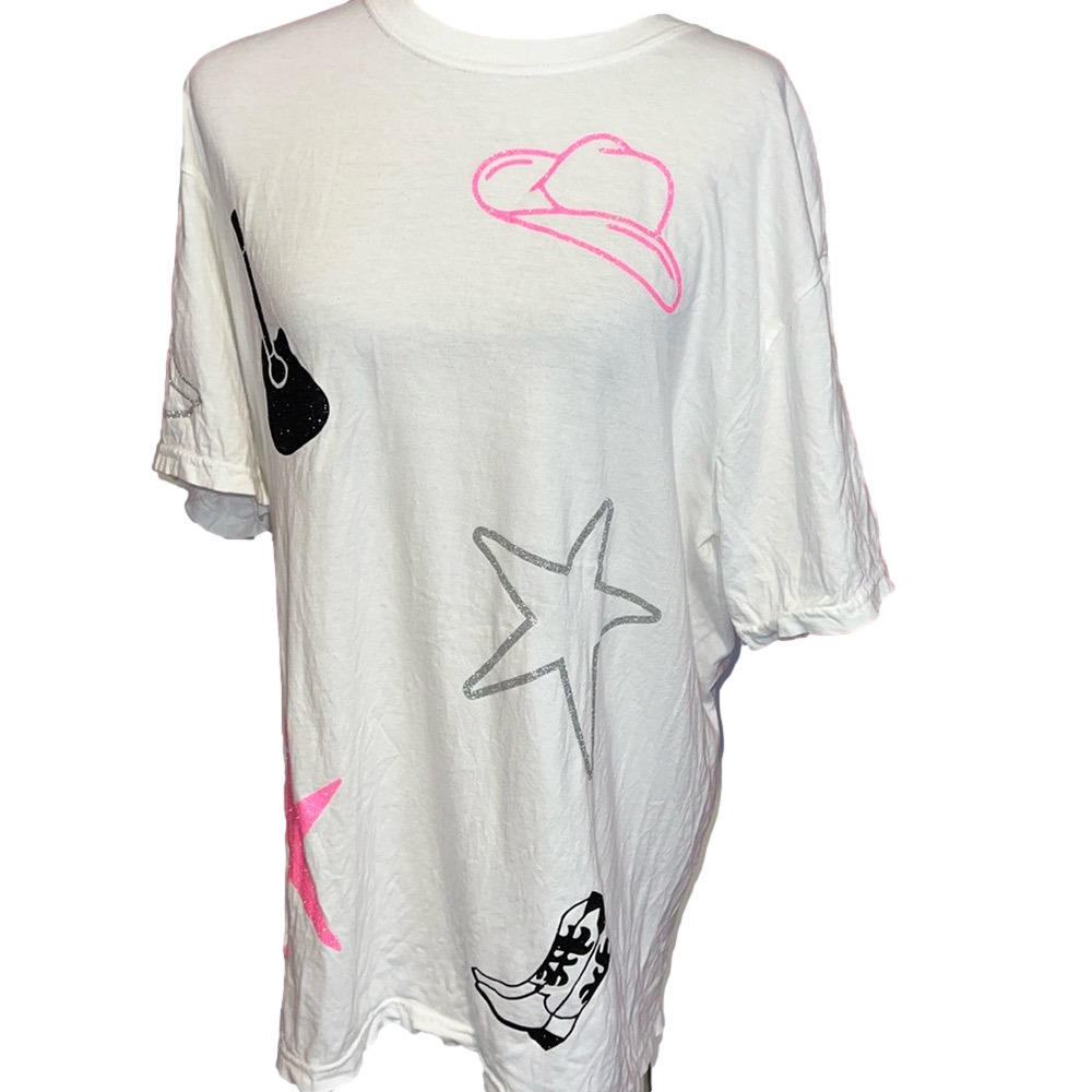 Comfort Colors Cowgirl Boots, Hat Stars T-Shirt L